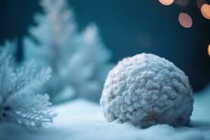 AI generated a snow ball is sitting on the ground in front of a tree photo