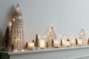AI generated a white mantle with candles and christmas trees photo