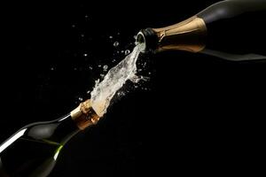 AI generated champagne bottle with a splash of champagne on black background photo