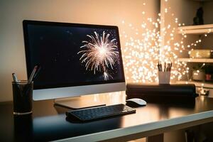AI generated a computer monitor with a firework on it photo