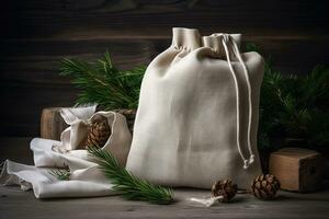 AI generated a bag of cotton fabric with pine cones and a bag of white fabric photo
