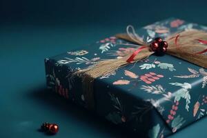 AI generated a blue gift wrapped with red ribbon and berries photo