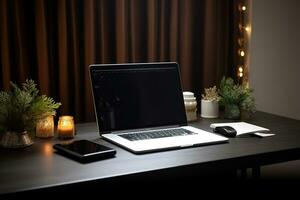 AI generated laptop on a desk with candles and other items photo