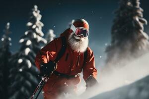 ai generado Papa Noel claus esquiar en el nieve foto