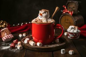 AI generated hot chocolate with marshmallows and snowman on a wooden table photo