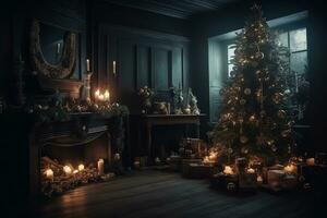 AI generated christmas tree in dark room with candles and fireplace photo