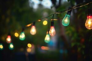 ai generado un cuerda de vistoso luces colgando desde un árbol foto