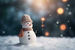 AI generated a snowman with a hat and scarf standing in the snow photo