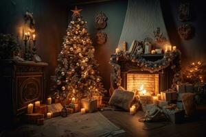 AI generated christmas tree and fireplace in a dark room photo