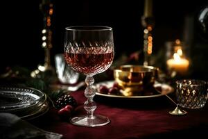 ai generado un vino vaso se sienta en un mesa con un vela foto