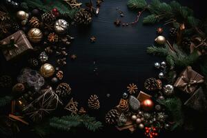ai generado Navidad decoraciones en un negro antecedentes foto