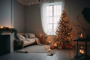 AI generated christmas tree in living room with candles and presents photo