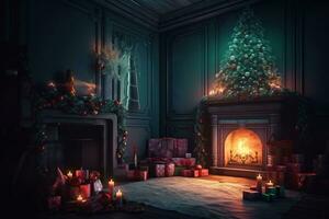 AI generated christmas fireplace with presents and a tree in the dark room photo