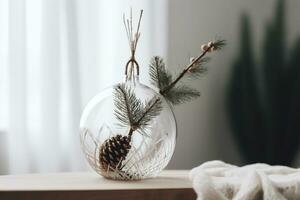 AI generated a glass vase with pine cones and a branch photo