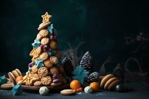 ai generado Navidad árbol hecho de galletas y nueces en oscuro antecedentes foto