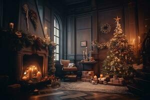 ai generado Navidad árbol en un oscuro habitación con velas y regalos foto