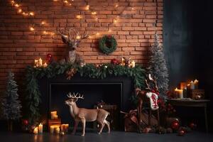 AI generated christmas fireplace with deer and christmas decorations photo