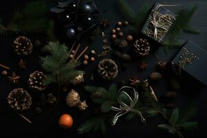 AI generated christmas decorations on a black background photo