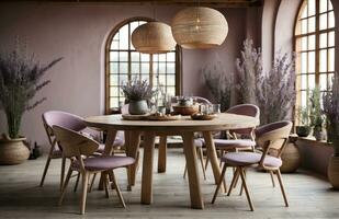ai generado sencillo minimalista comida mesa hecho de madera. medieval escandinavo casa interior diseño de moderno vivo habitación. foto