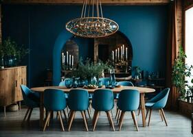 AI generated Simple minimalist dining table made of wood. Medieval scandinavian house interior design of modern living room. photo