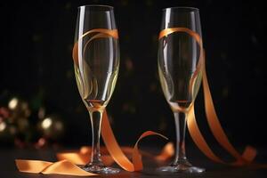 AI generated two champagne flutes with orange ribbon on a dark background photo