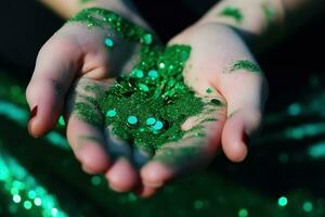 AI generated a person holding green glitter in their hands photo