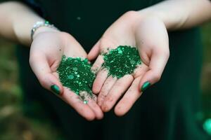 AI generated a person holding green glitter in their hands photo