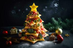 AI generated a christmas tree made out of pizza and other foods photo