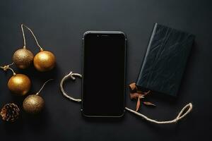 AI generated black smartphone with black screen and gold christmas decorations on a black background photo