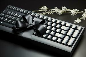 AI generated a black keyboard with a bow tied to it photo