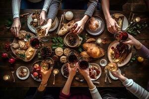 AI generated a group of people toasting at a table with food and wine photo