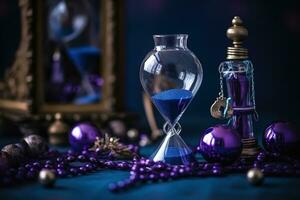 AI generated an hourglass with purple beads and a clock photo