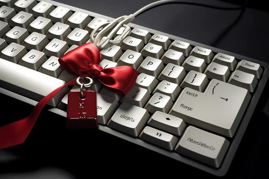 AI generated a computer keyboard with a red ribbon tied to it photo