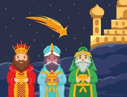 The background to the journey of the three kings presents the gift of a Feliz Dia de Reyes moment vector