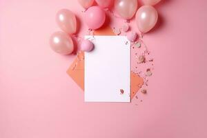 ai generado rosado antecedentes con blanco tarjeta y globos foto