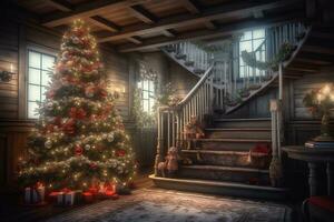 ai generado Navidad árbol en un habitación con un escalera y regalos foto