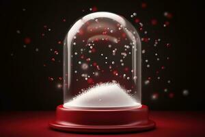 AI generated snow globe with red and white snow falling inside photo