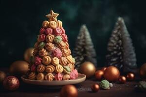 AI generated christmas tree made of cookies on a plate photo