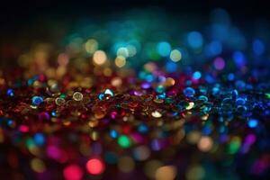 AI generated colorful lights and glitter on a black background photo