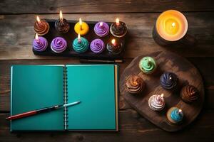 AI generated a notebook, pen and cupcakes on a wooden table photo