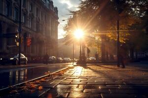 ai generado retrato de negocio ciudad centrar con lente llamarada efecto. vaso reflexión de alto edificios, alto edificios en urbano áreas borroso luz de sol brilla a través de. generativo ai foto