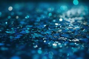 AI generated blue glitter background with bokeh effect photo