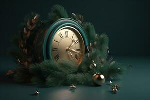 AI generated a clock with gold ornaments and green branches photo