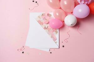 AI generated pink confetti and balloons on a pink background photo