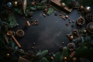 AI generated christmas wreath on black background photo