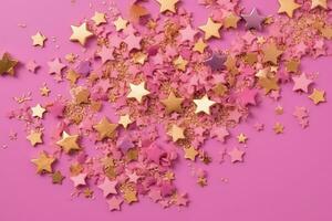 AI generated pink confetti and gold stars on a pink background photo