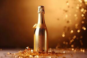 AI generated a bottle of champagne on a table with gold confetti photo