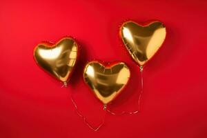 AI generated three gold heart shaped balloons on a red background photo
