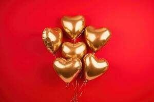 AI generated gold foil heart shaped balloons on red background photo