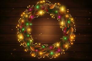 AI generated christmas wreath on wooden background photo